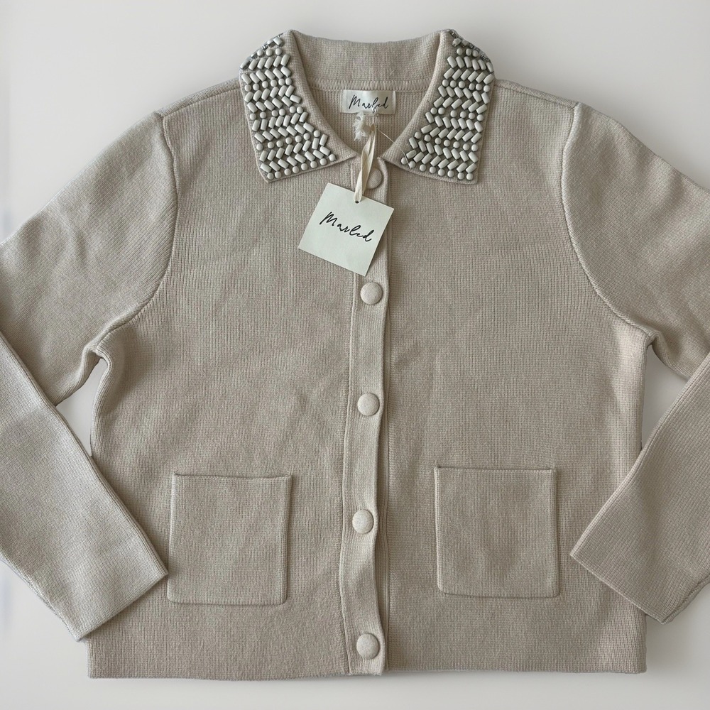 NWT Marled Knit Cardigan Sweater Sz M Beaded Statement Collar Pockets Beige